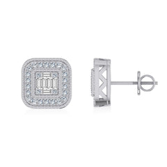 10K White Gold Round Baguette Diamond Square Shape Stud Earrings 1/5 Cttw