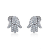 14K White Gold Round Baguette Diamond Hamza Hand Religious Stud Earrings 1/5 Cttw