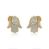 14K Yellow Gold Round Baguette Diamond Hamza Hand Religious Stud Earrings 1/5 Cttw