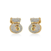 14K Yellow Gold Round Diamond Money Dollar Bag Designer Stud Earrings 1/6 Cttw
