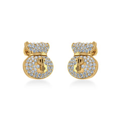 14K Yellow Gold Round Diamond Money Dollar Bag Designer Stud Earrings 1/6 Cttw