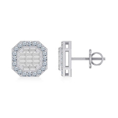 14K White Gold Round Baguette Diamond Designer Stud Earrings 1/2 Cttw