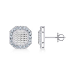 14K White Gold Round Baguette Diamond Designer Stud Earrings 7/8 Cttw
