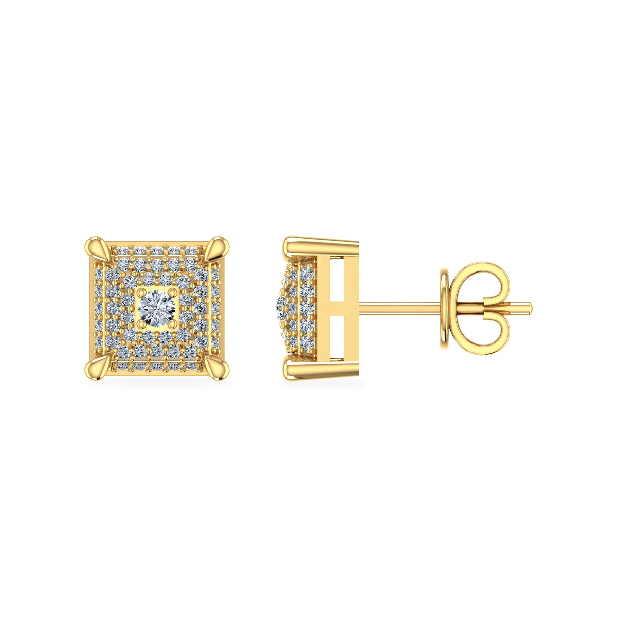 10K Yellow Gold Round Diamond Square Shape Stud Earrings 1/3 Cttw