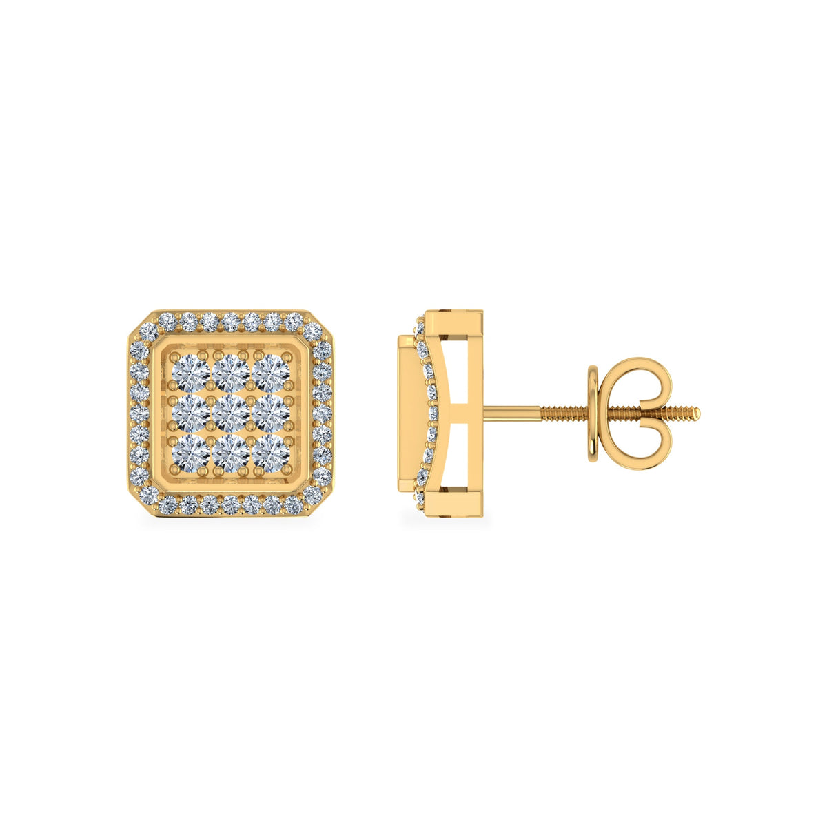 10K Yellow Gold Round Diamond Square Shape Stud Earrings 1/2 Cttw