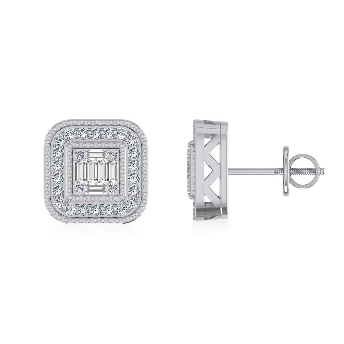 10K White Gold Round Baguette Diamond Square Shape Stud Earrings 1/5 Cttw