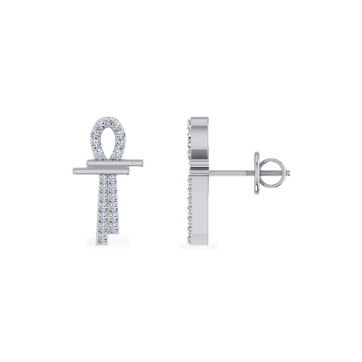 10K White Gold Round Diamond Ankh Religious Earrings 1/8 Cttw