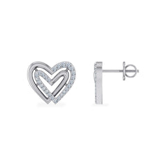 10K White Gold Round Diamond Double Heart Stud Earrings 1/6 Cttw