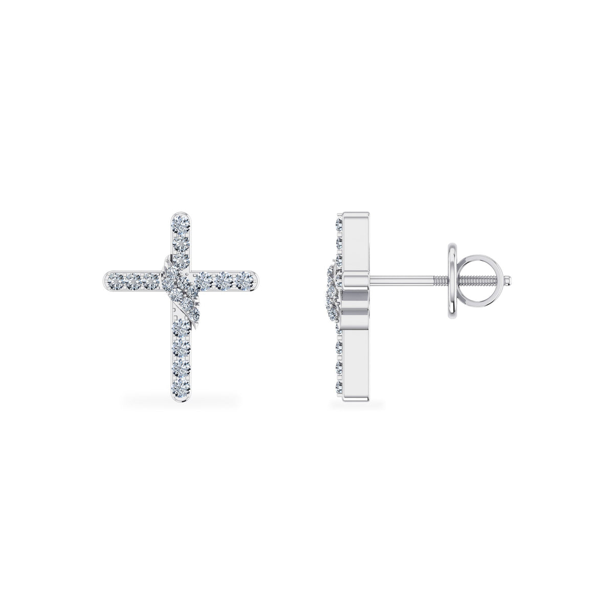 10K White Gold Round Diamond Cross Religious Stud Earrings 1/6 Cttw