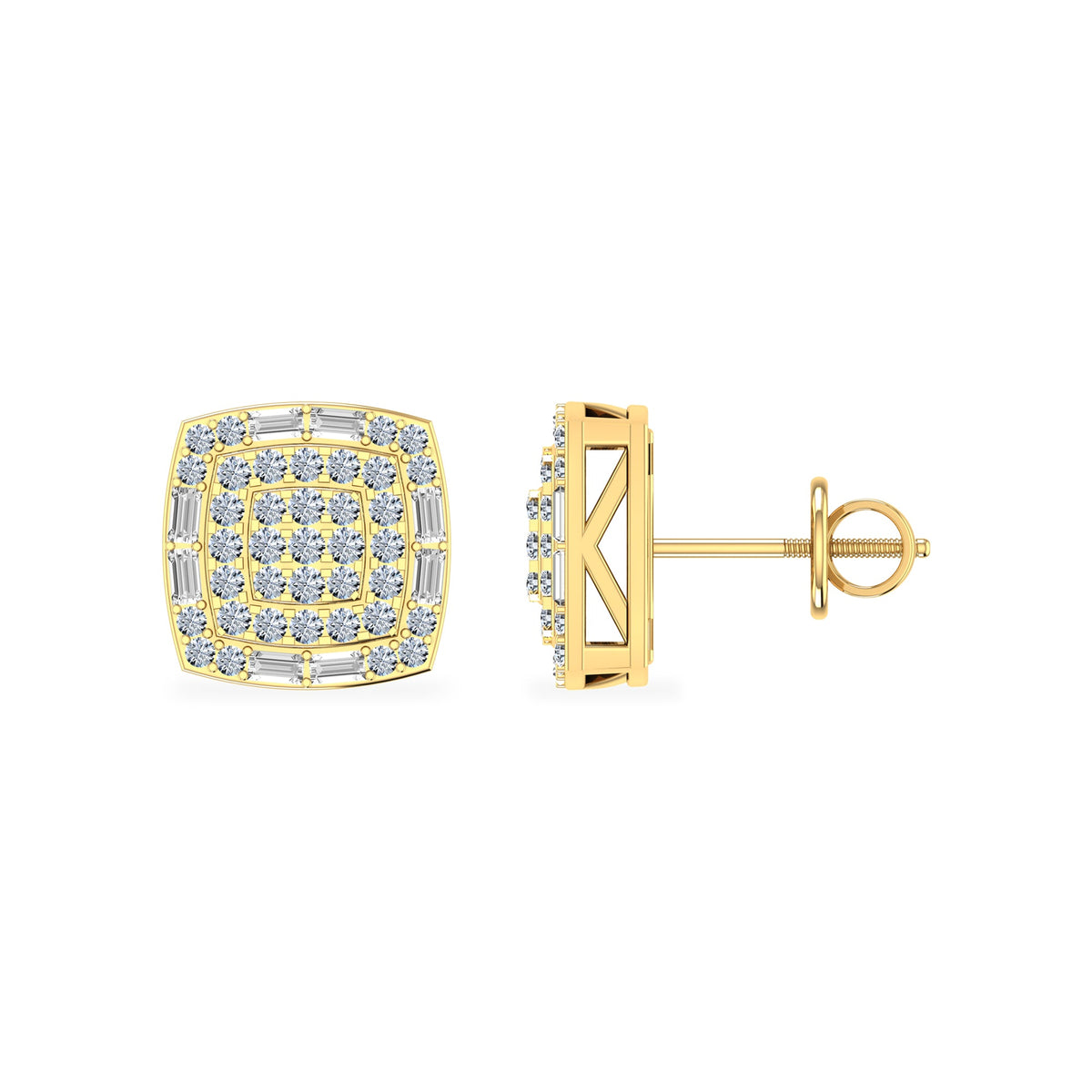 10K Yellow Gold Round Diamond Square Shape Stud Earrings 1/2 Cttw