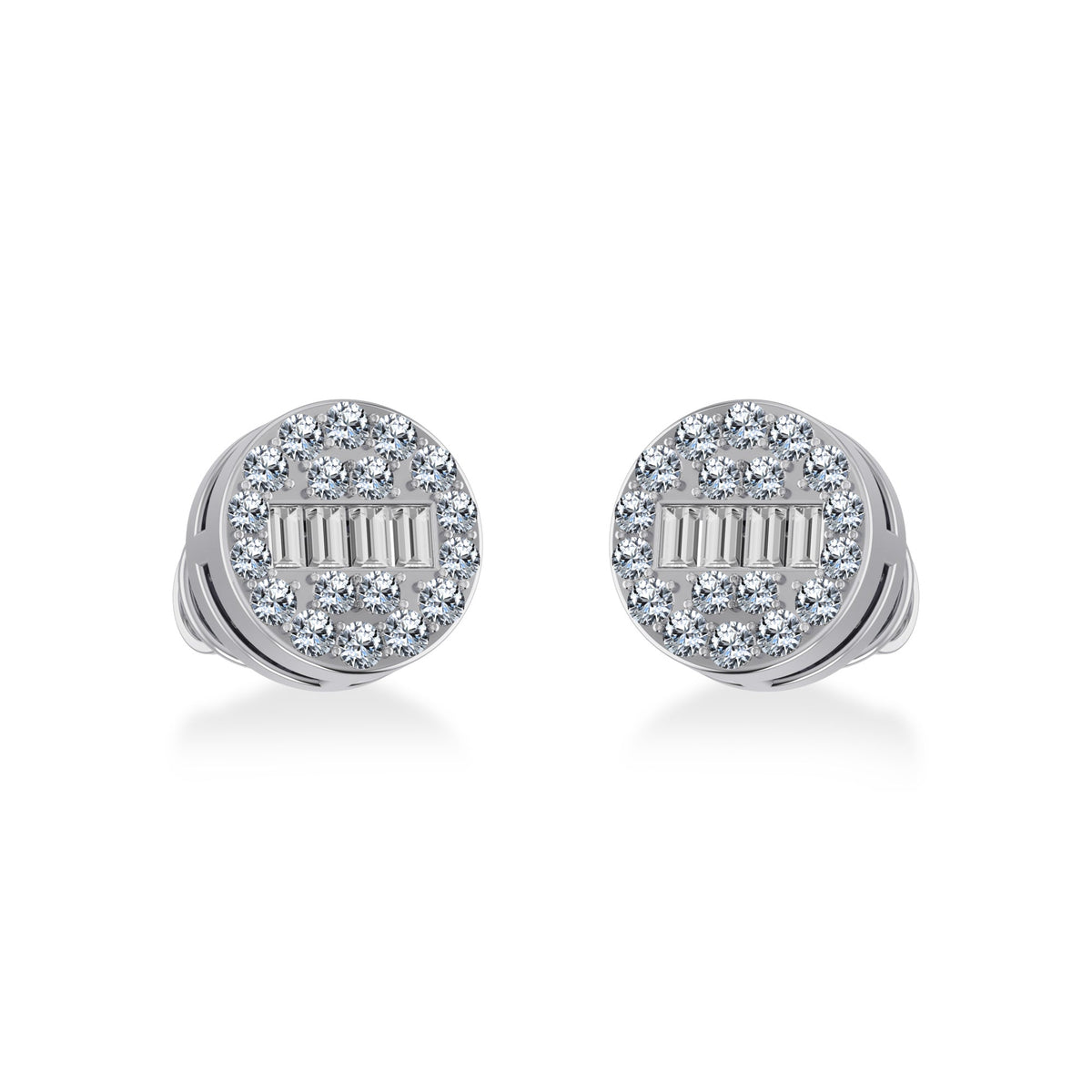 10K White Gold Round Baguette Diamond Cluster Stud Earrings 1/5 Cttw