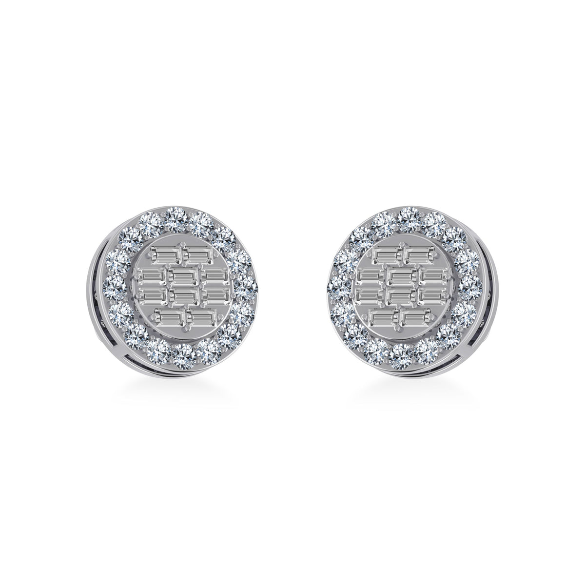 10K White Gold Round Baguette Diamond Stud Earring 1/2 Cttw