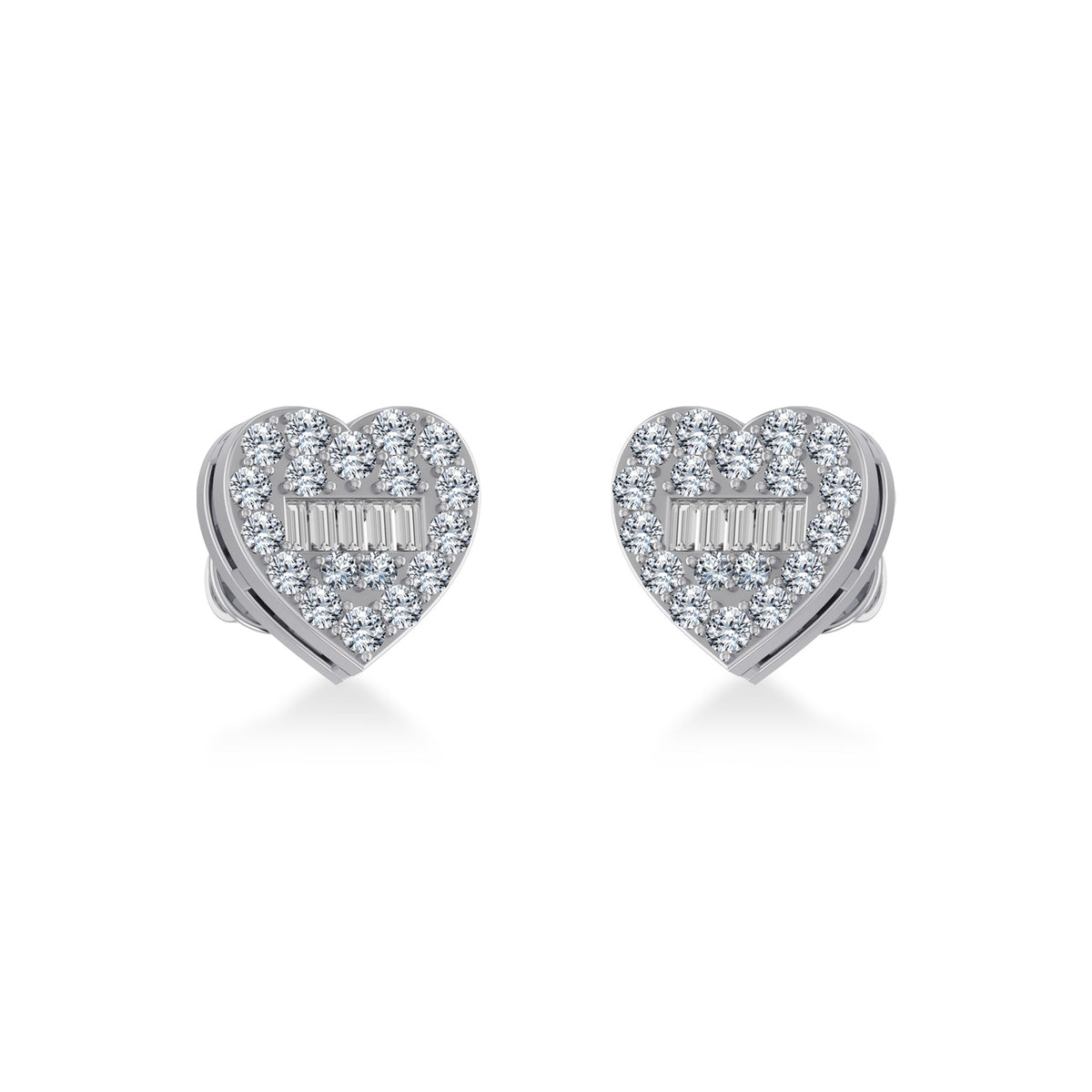 14K White Gold Round Baguette Diamond Heart Shape Cluster Stud EarRing 3/8 Cttw