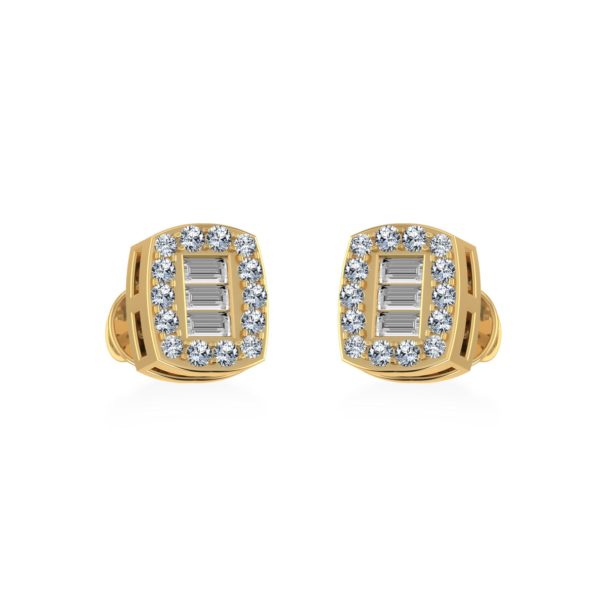 14K Yellow Gold Round Baguette Diamond Stud Earrings 1/5 Cttw