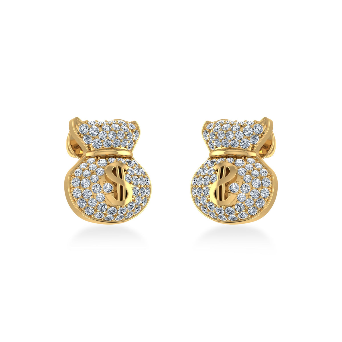 14K Yellow Gold Round Diamond Money Dollar Bag Designer Stud Earrings 1/6 Cttw
