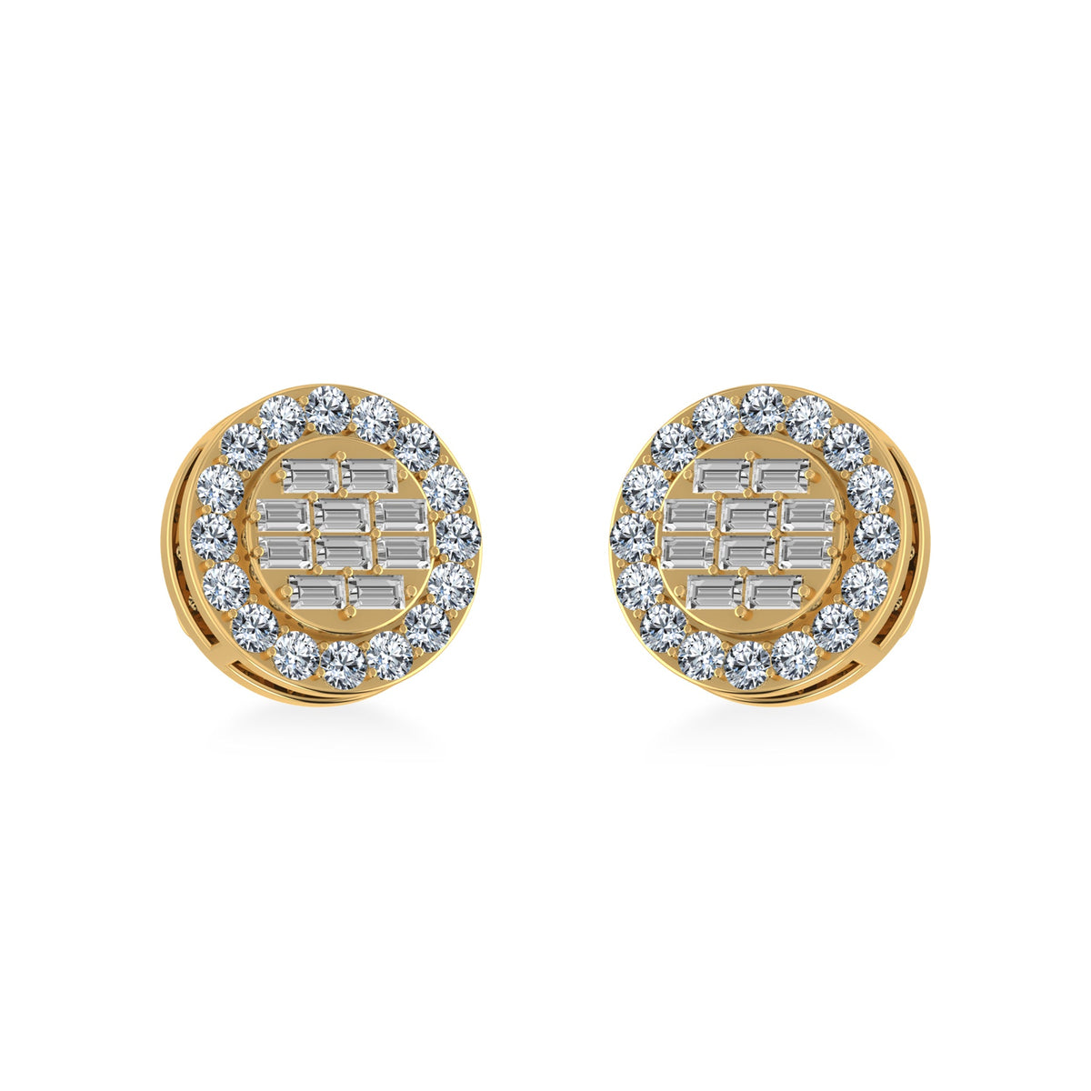 14K Yellow Gold Round Baguette Diamond Halo Stud Earrings 1/2 Cttw
