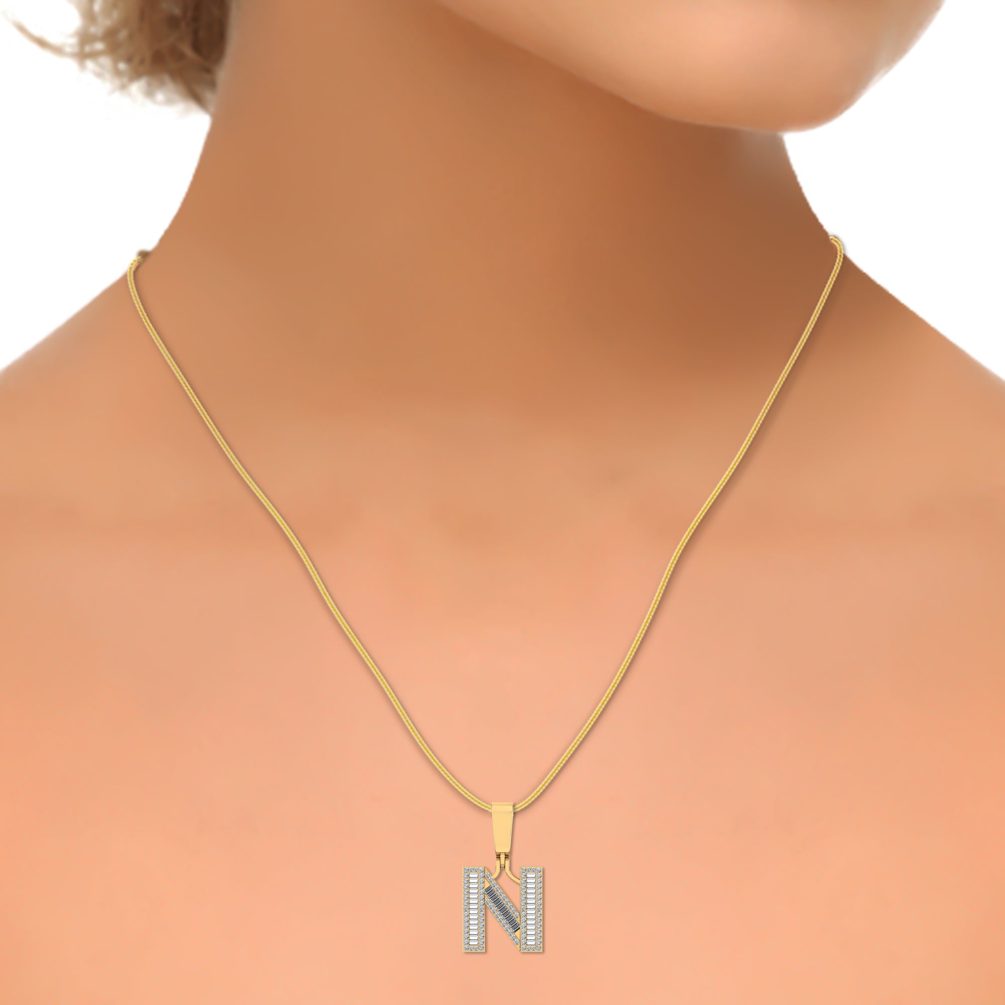 10K Yellow Gold Baguette Diamond Initial N Letter Pendant 1/2 Cttw