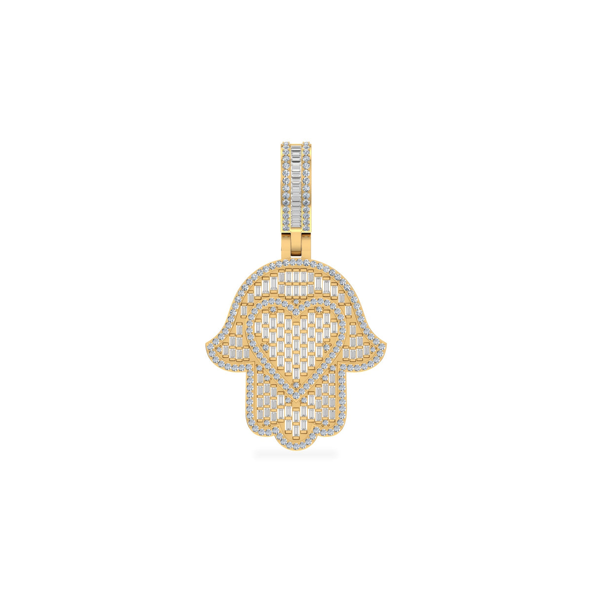 10K Yellow Gold Round Baguette Diamond Heart Hamza Hand Religious Charm Pendant 1-3/4 Cttw