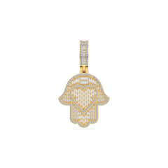 10K Yellow Gold Round Baguette Diamond Heart Hamza Hand Religious Charm Pendant 1-3/4 Cttw