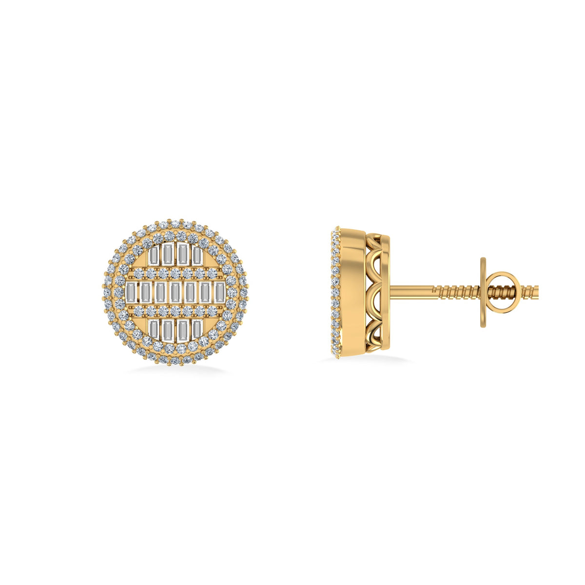 10K Yellow Gold Round Baguette Diamond Designer Mens Stud Earring 1/3 Cttw