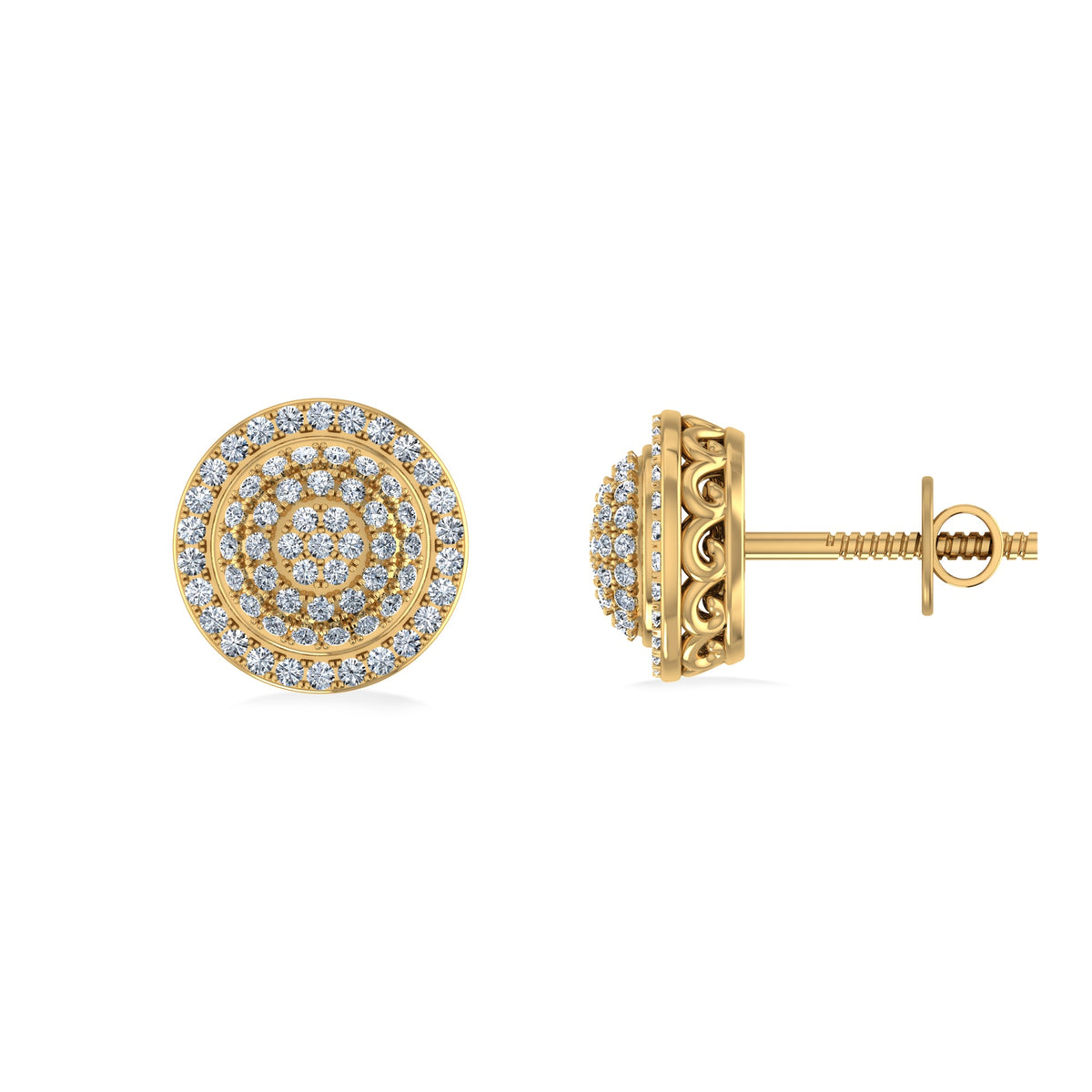 10K Yellow Gold Round Diamond Designer Halo Mens Stud Earring 1/3 Cttw