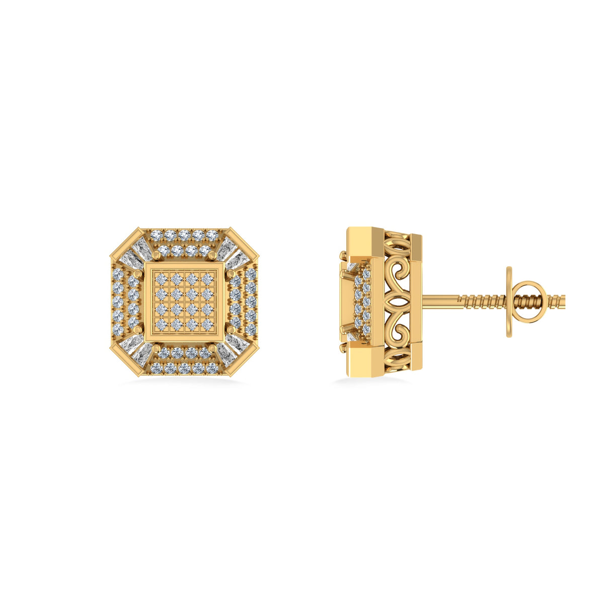 10K Yellow Gold Round Baguette Diamond Designer Mens Stud Earring 1/4 Cttw