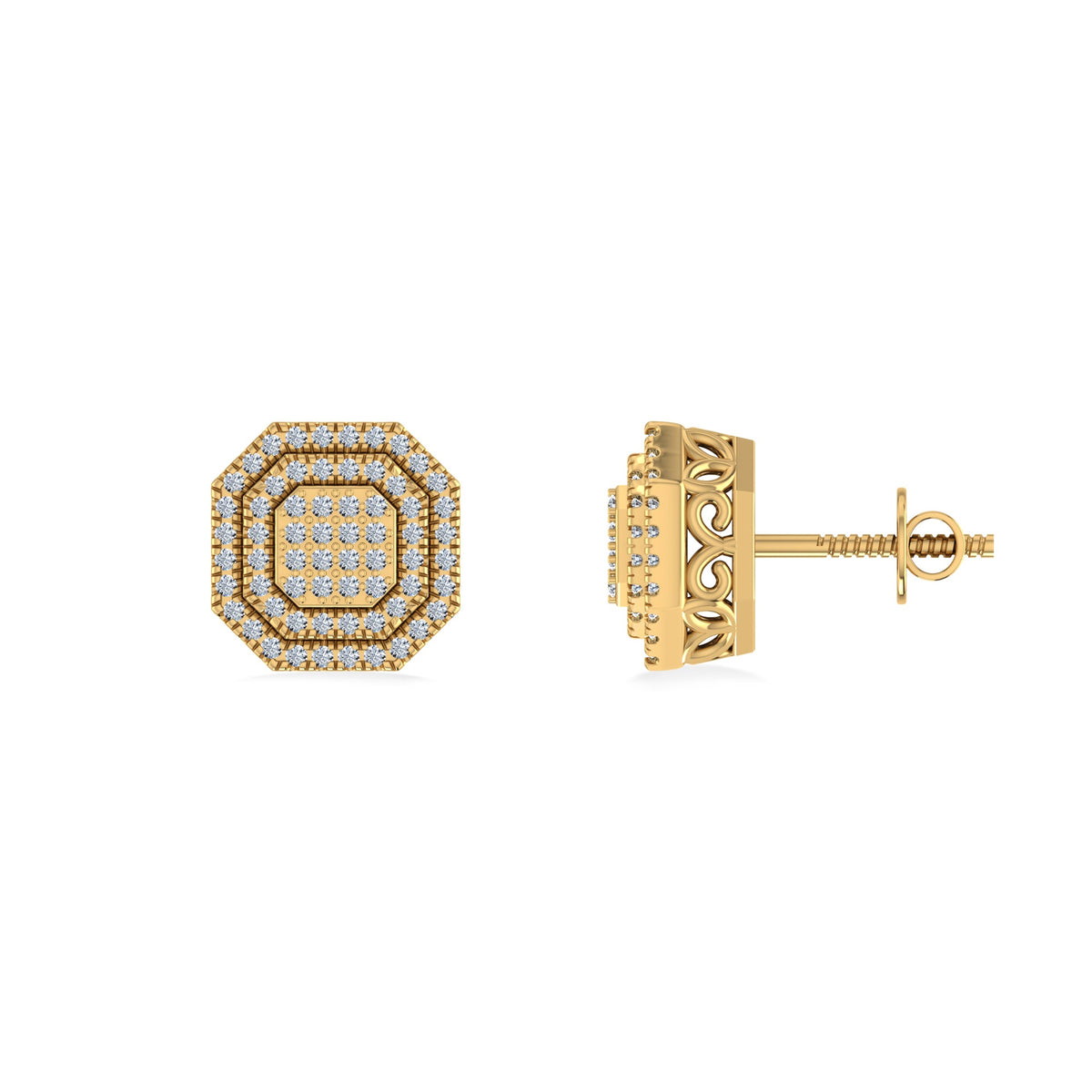 10K Yellow Gold Round Diamond Designer Halo Mens Stud Earring 1/5 Cttw