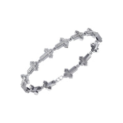 10K White Gold Round Baguette Diamond Cross Religious 8 Inch Bracelet 2 Cttw