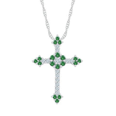 10kt White Gold Womens Round Lab-Created Emerald Cross Pendant 7/8 Cttw