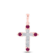 10kt Rose Gold Womens Round Lab-Created Ruby Cross Pendant 1-1/5 Cttw
