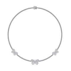 10K White Gold Round Baguette Diamond Butterfly Designer 18 Inch Necklace 1-7/8 Cttw
