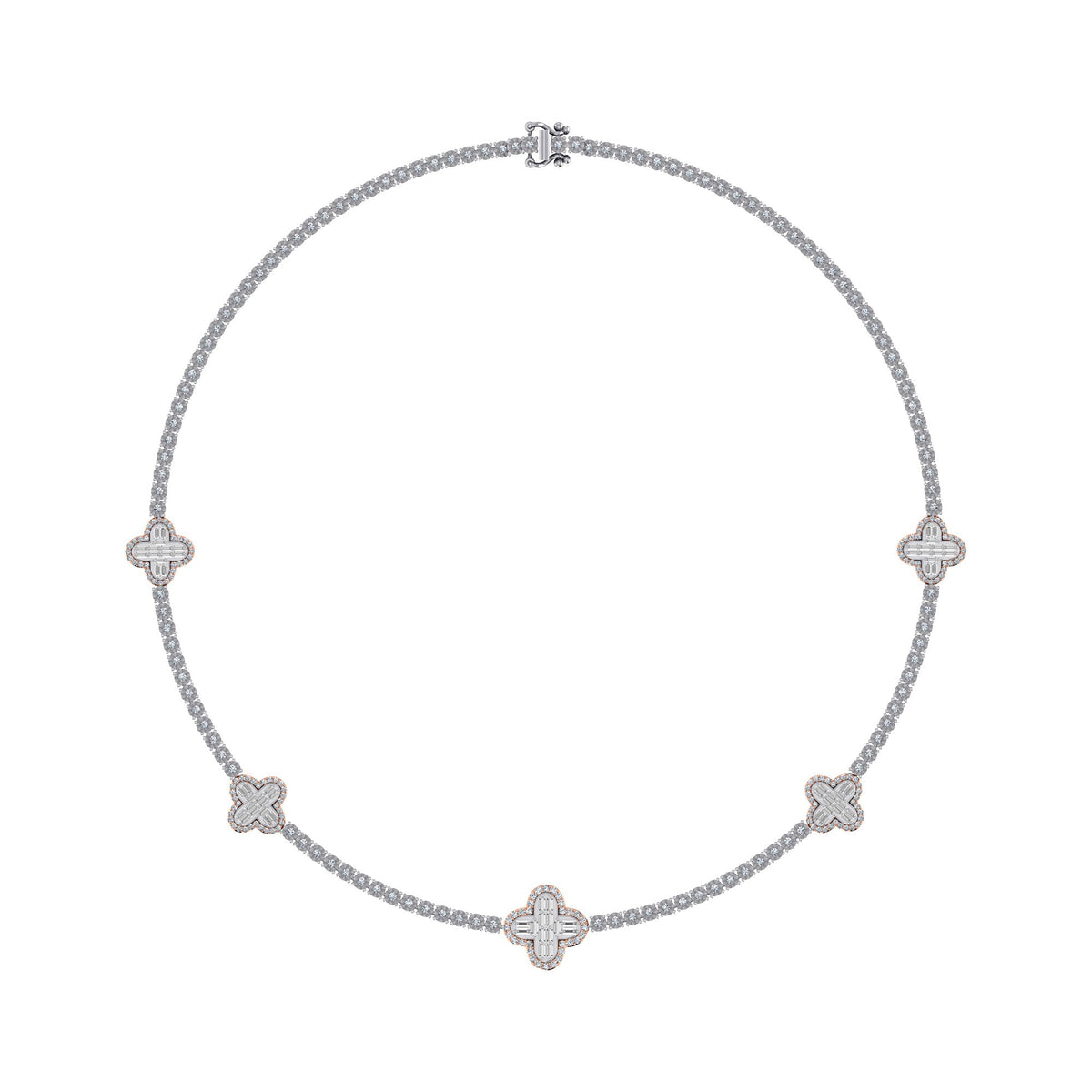 10K Rose White Two Tone Round Baguette Diamond Designer 18 Inch Necklace 2-1/5 Cttw