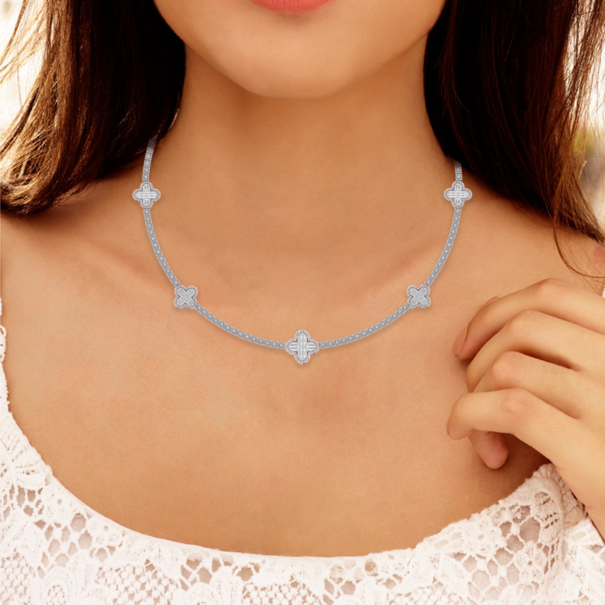 10K Rose White Two Tone Round Baguette Diamond Designer 18 Inch Necklace 2-1/5 Cttw