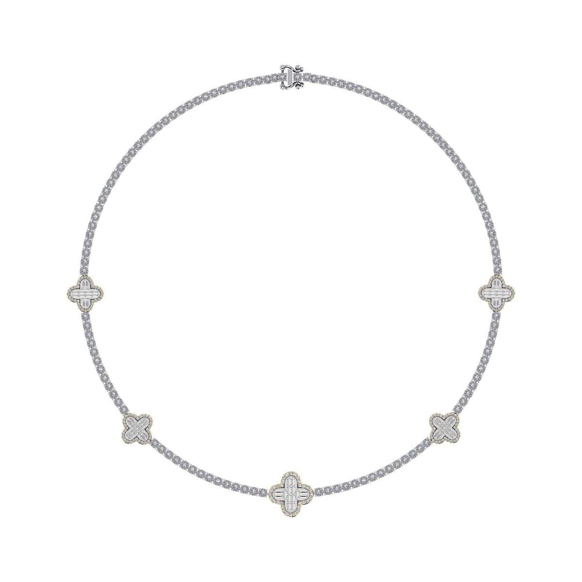 10K Yellow White Two Tone Round Baguette Diamond Designer 18 Inch Necklace 2-1/5 Cttw